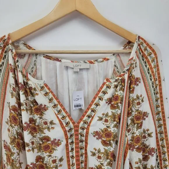 LOFT Floral Print Midi Dress - Cream and Brown - Picture 2 of 10